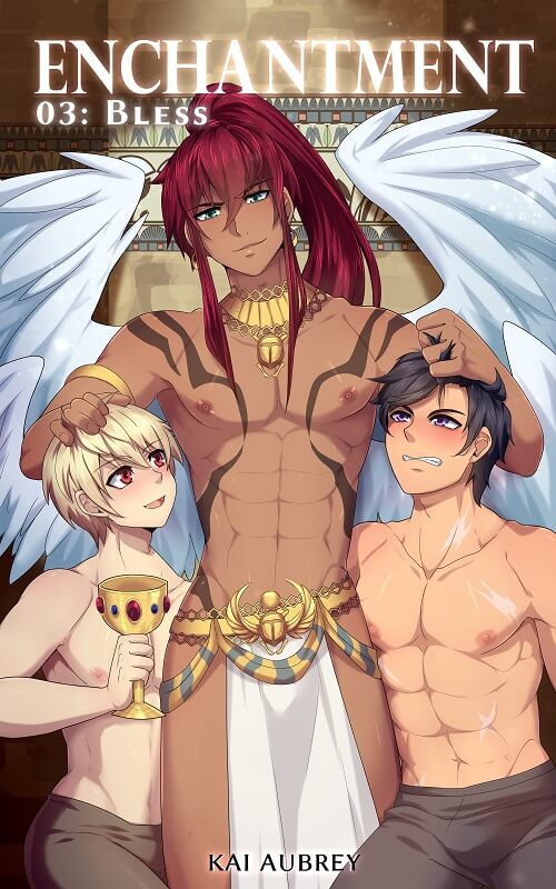 NSFW yaoi audiobook art showing a dominant angel forcing gay warriors to worship his hot body. Illustrated by JustSyl.