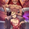 NSFW yaoi audiobook art showing a dominant alpha male sitting with his submissive gay sex slave. Illustrated by JustSyl.