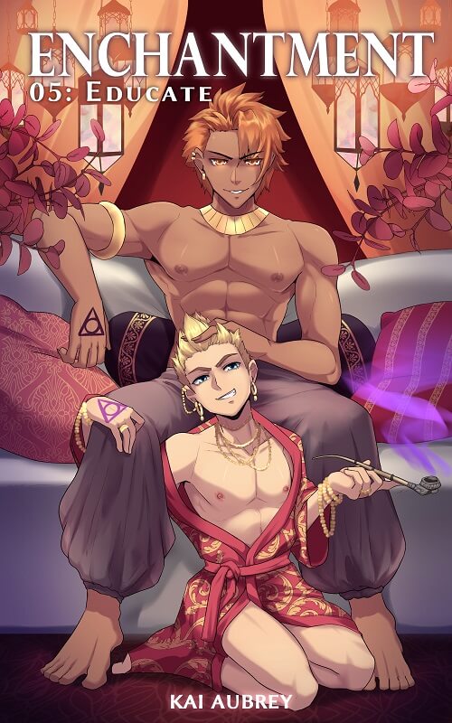 NSFW yaoi audiobook art showing a dominant alpha male sitting with his submissive gay sex slave. Illustrated by JustSyl.