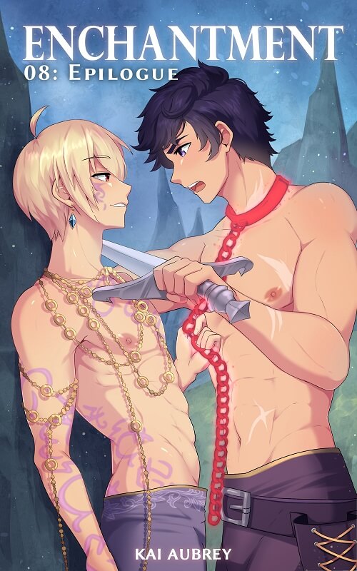 NSFW yaoi audiobook art showing a power bottom mage binding a gay fantasy knight in chains. Illustrated by JustSyl.